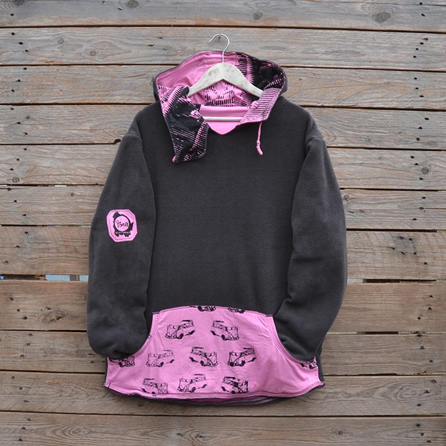 Front fleece Men's reversible hoody in grey and candy