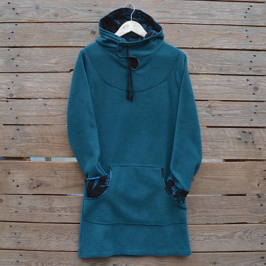 Front Women's hoody dress in teal and black, size 10