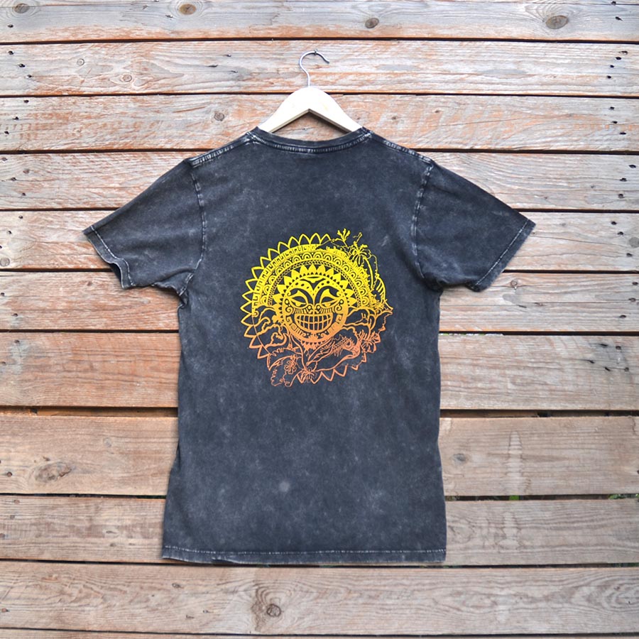 Back view Tiki sun distressed black organic t-shirt